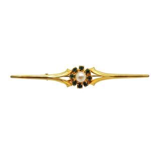 Gold Tone Bar Pin Austrian Green Crystal & Faux Pearl Brooch Vintage Jewelry